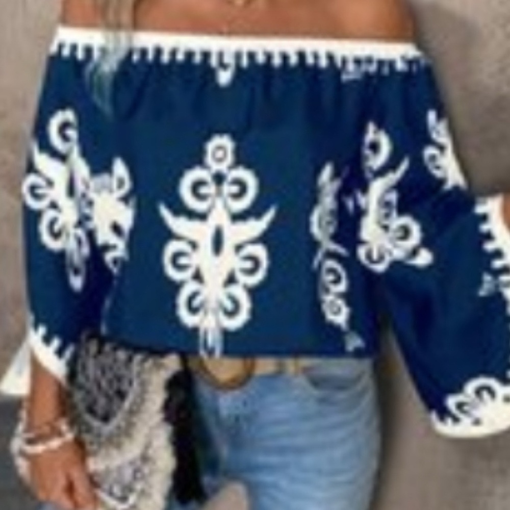 Blue Off-Shoulder Top with White Pattern